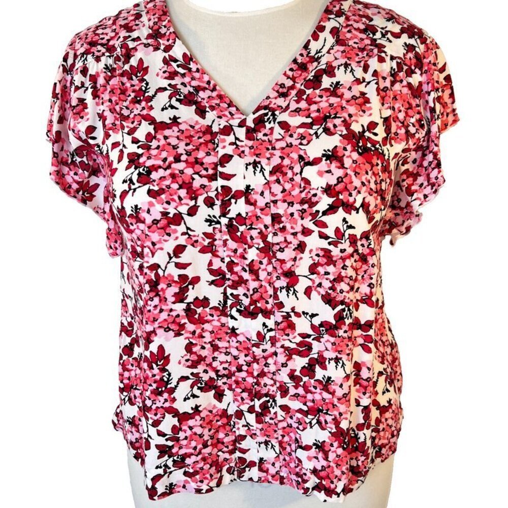 Women's L Milano's Blouse Short Flutter Sleeve Vneck Vback Floral